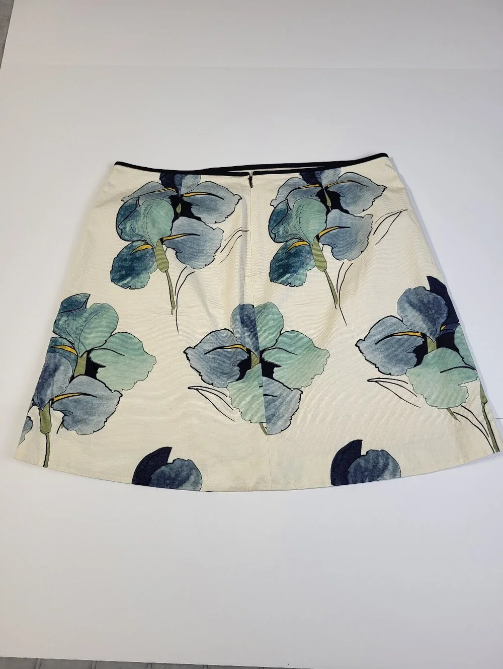 Tory Burch Iris Print A Line Skirt Black Scallop Trim Lined Blue Cream